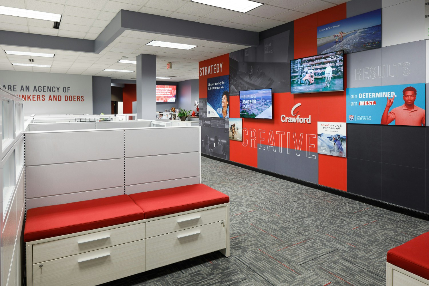 Crawford's office, located in the heart of downtown Greenville,  features client work and company values along the walls