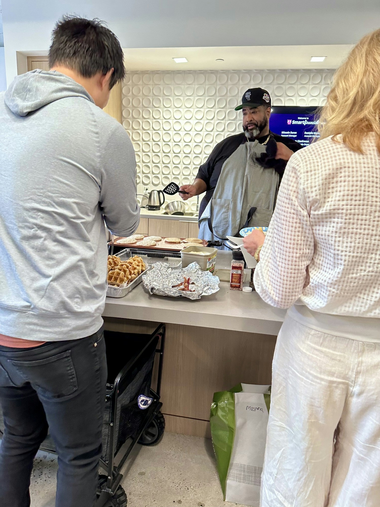 We held a brunch potluck in our offices.  One of our managers cooked pancakes to order!