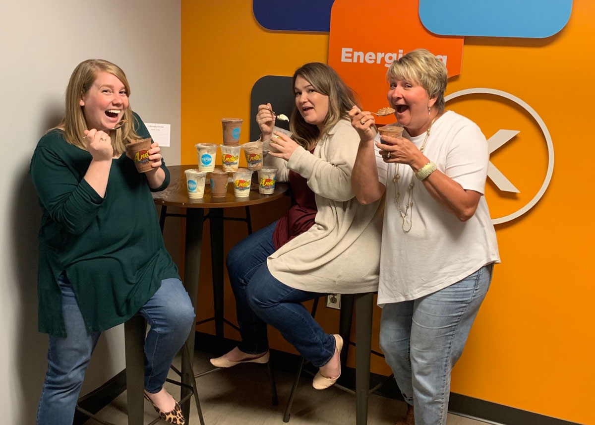 Our marketing team enjoys a cool summer treat in the kitchen at our headquarters in Alpharetta, GA.