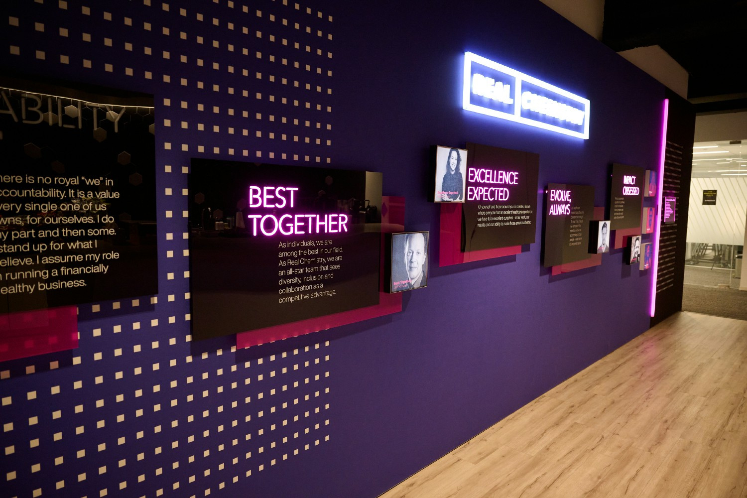 Our recognition wall, celebrating those who have won our annual company awards.