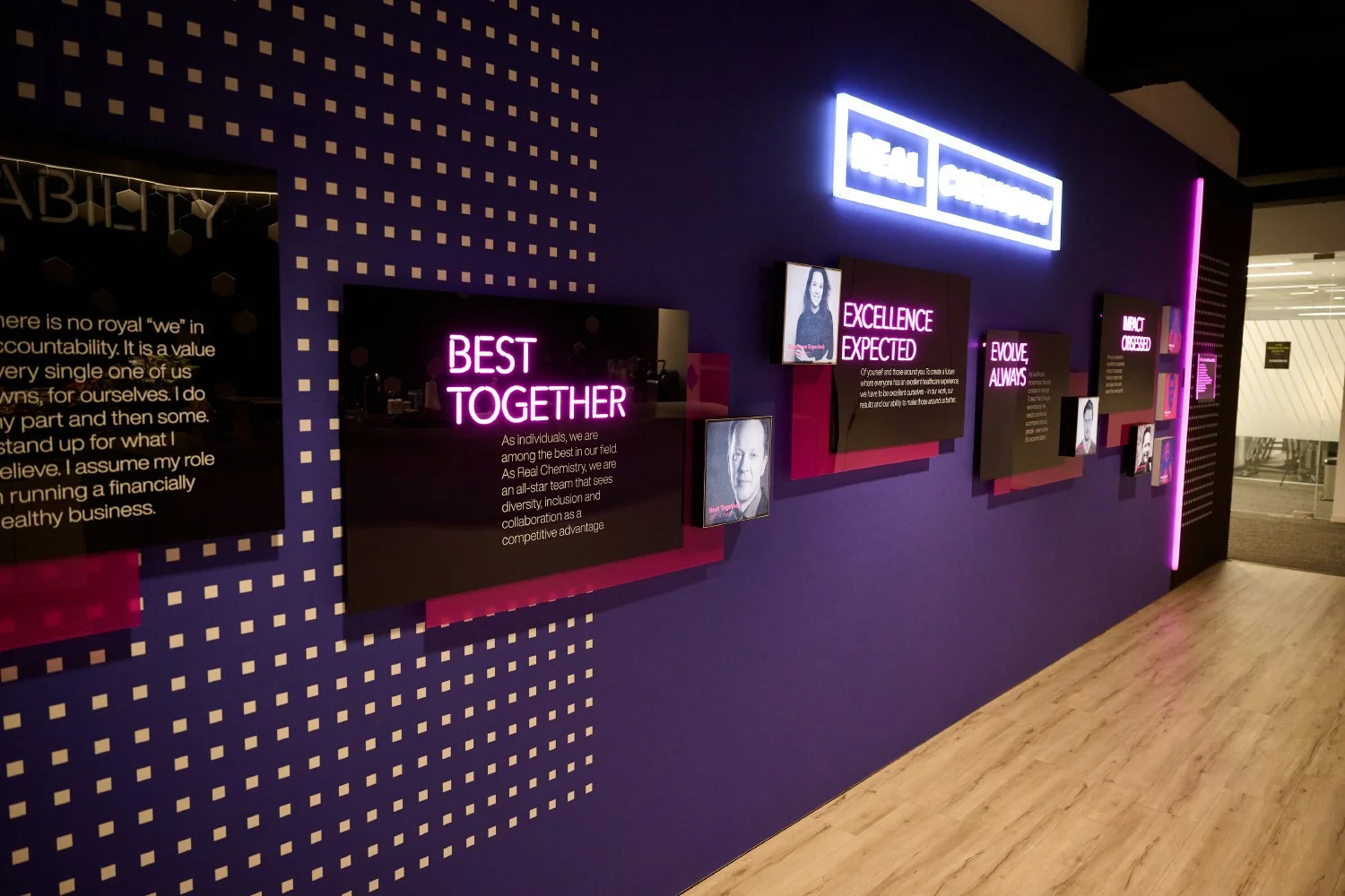 Our recognition wall, celebrating those who have won our annual company awards.