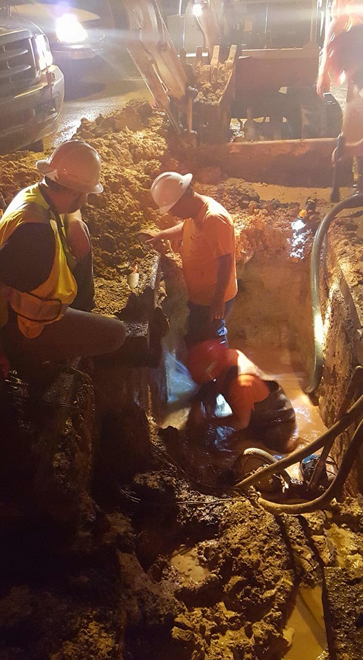 Our dependable Distribution and Collection crew fixing a water leak, no matter what time it is.