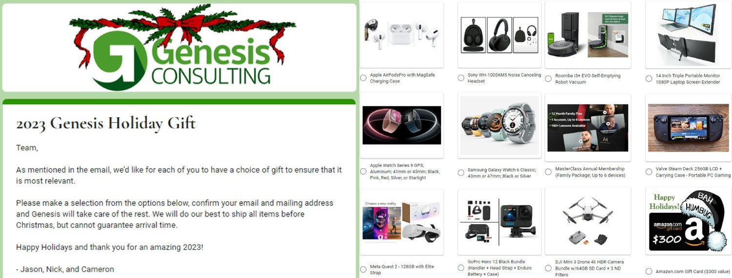 Our annual holiday gift program thanks employees for their contributions and celebrates the success of the past year.
