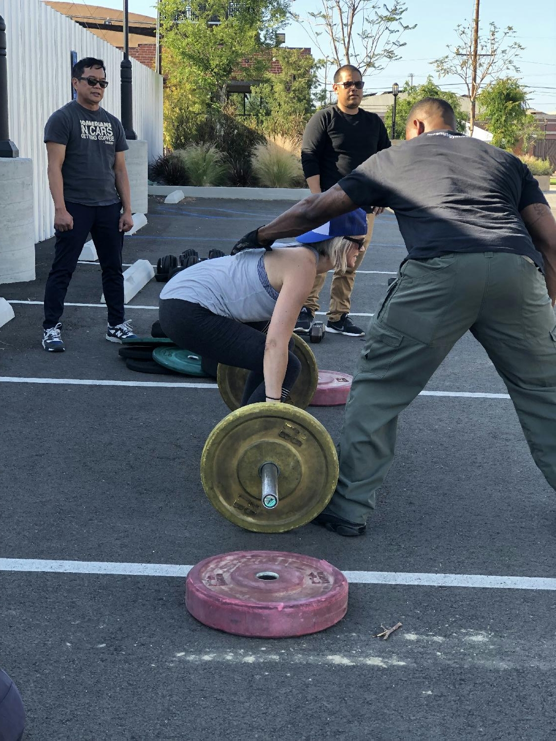 Employees taking advantage of free Mobile Gym. Available to all SoLa employees once a week in the SoLa parking lot. 