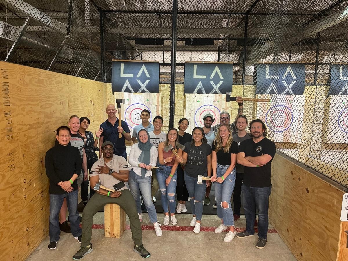 The Development team during their team building - Axe Throwing. 