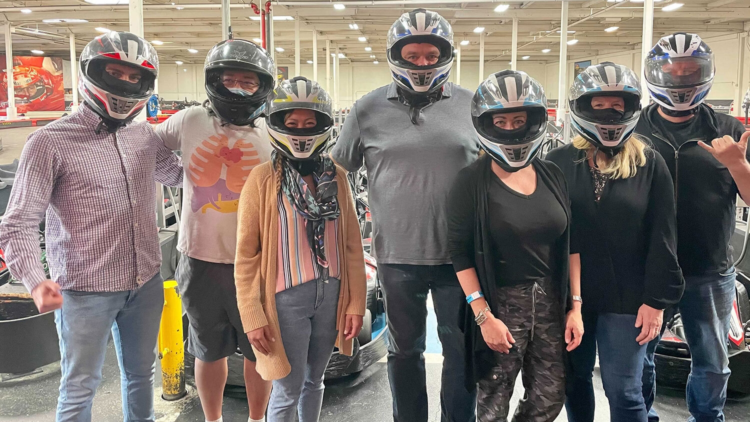 Friendly rivalry at the go-kart track.