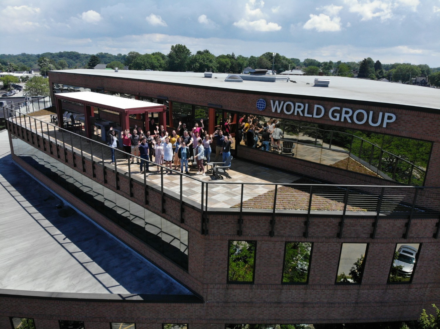 Aerial shot of a group of World Group employees at our headquarters facility in Rocky River, Ohio. 
