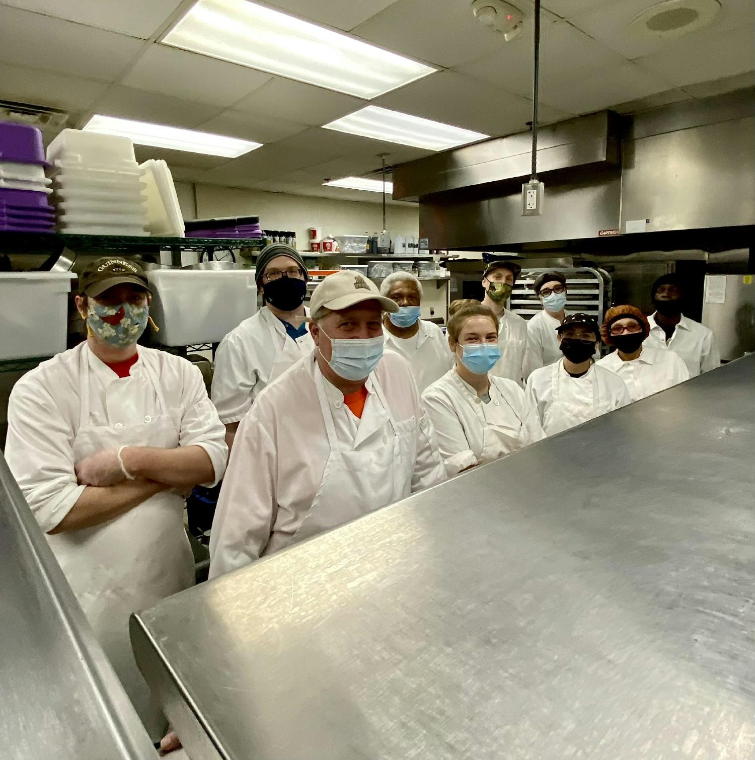 Our 1st shift Central Food Service Production Kitchen staff at our Bay View location.  We don't require masks anymore. 