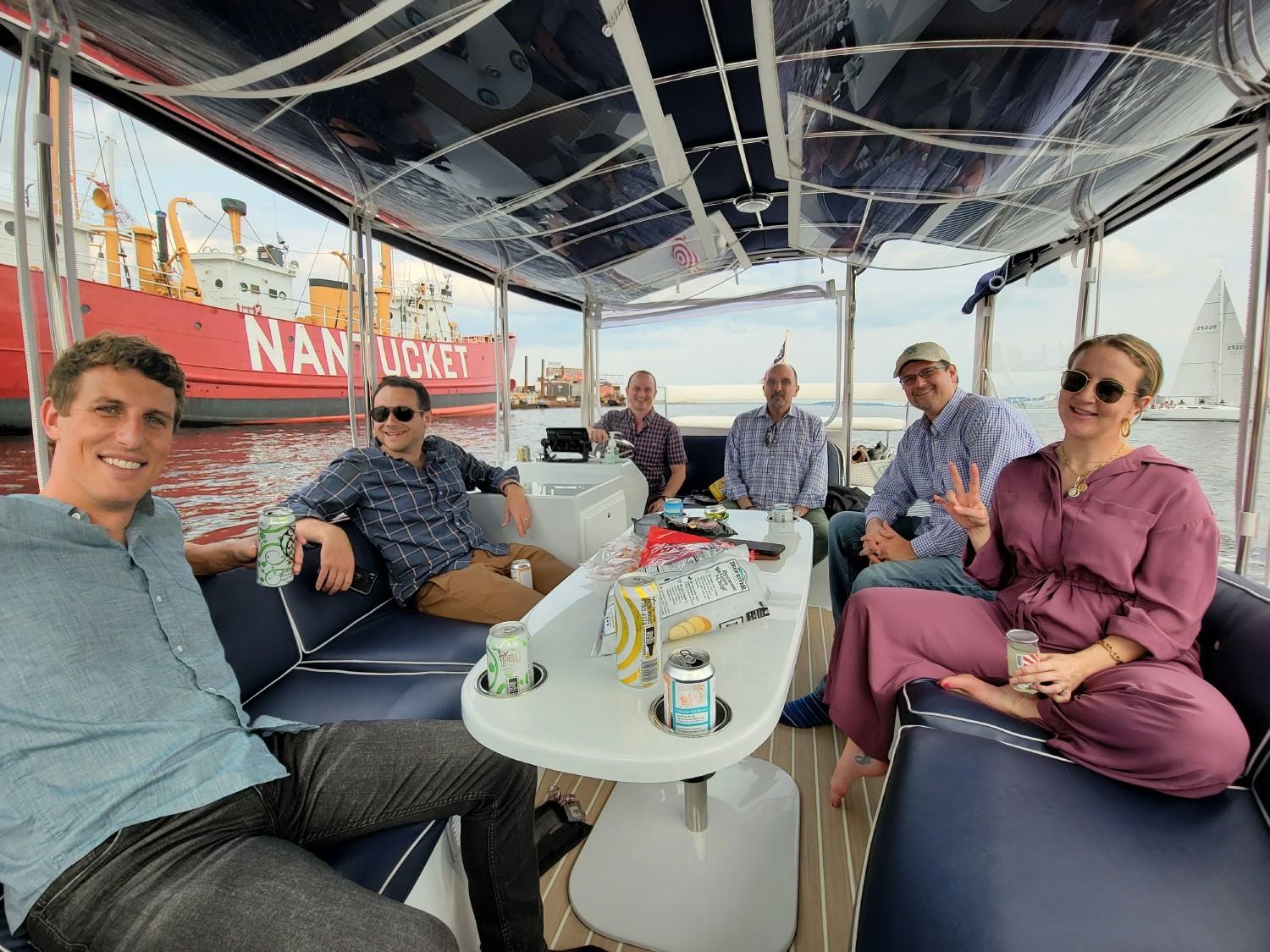 Enjoying a company outing on the Boston harbor.