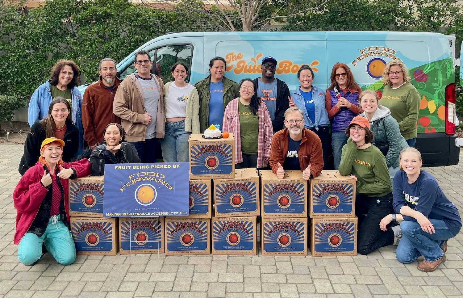 Harvest commemorating  first harvest in 2009 with staff, volunteers, Board Members
 Image of Food Forward Inc. ©2023.
