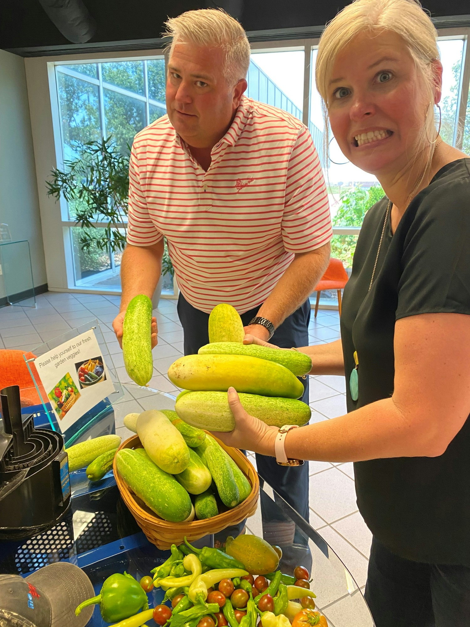 We keep an office garden at our corporate headquarters in Tulsa, Oklahoma (&sometimes we forget to pick the cucumbers:)