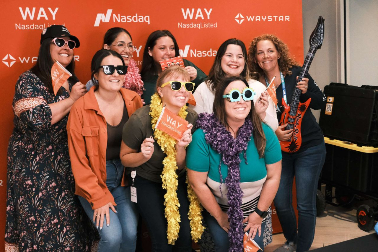 Waystar team members celebrate the company's launch on the Nasdaq Stock Exchange.