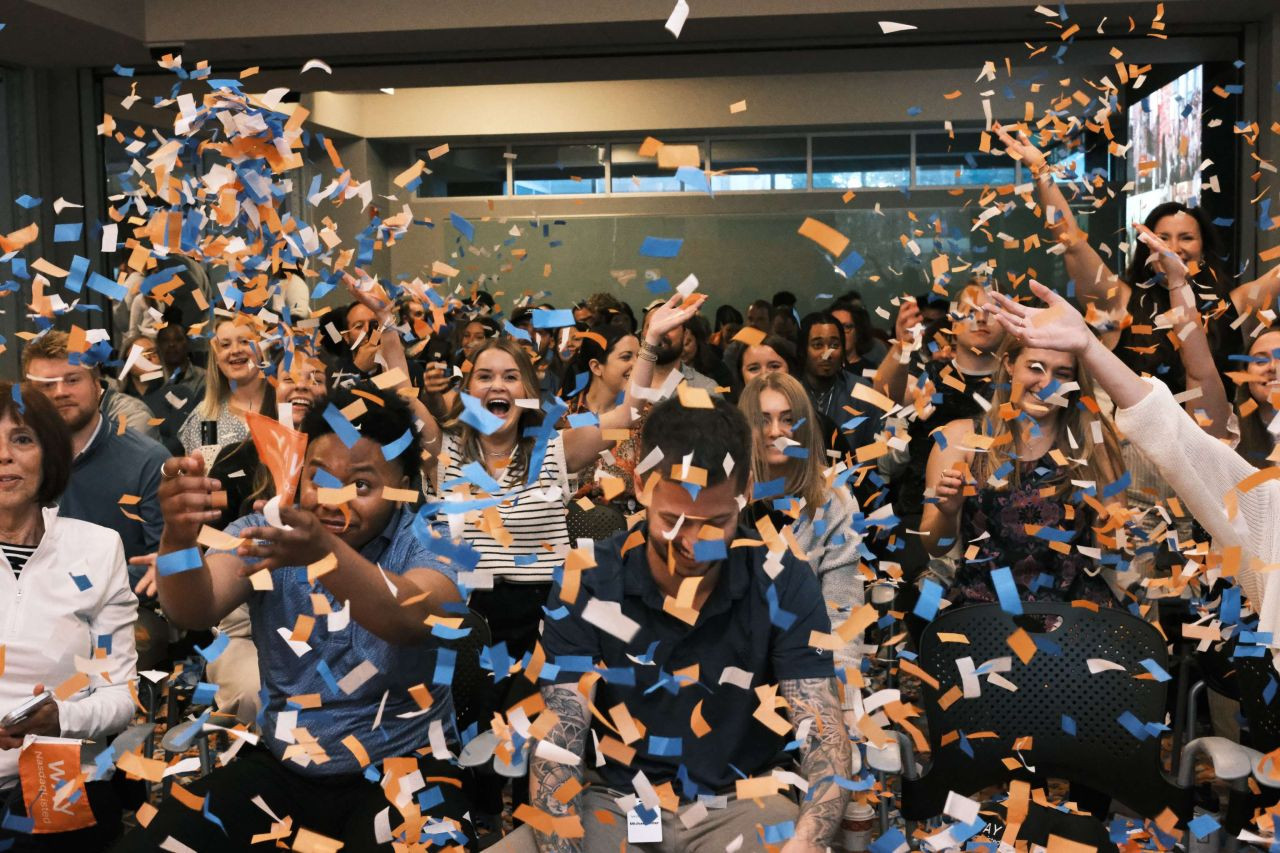 Waystar team members celebrate the company's launch on the Nasdaq Stock Exchange.