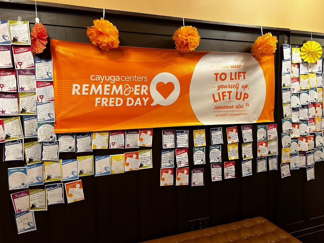 A wall of staff shout-outs from our annual agency-wide Remember Fred Day, honoring the spirit of Frederick Richardson
