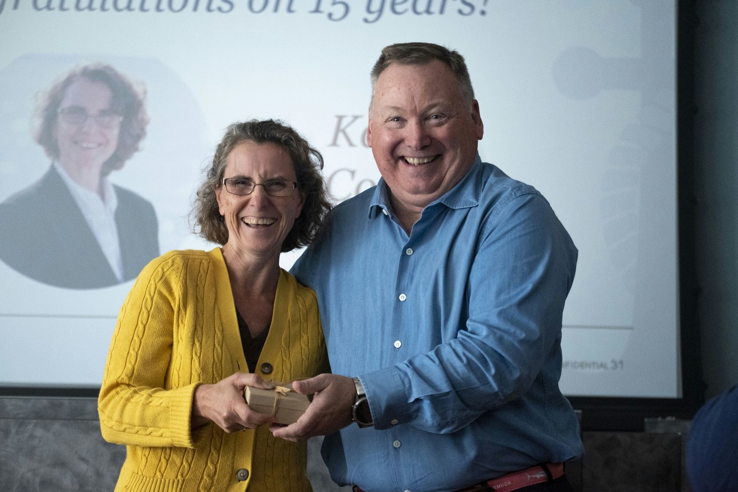 Karen Coppa receiving her employee recognition award from our CEO, Mike Falvey. 