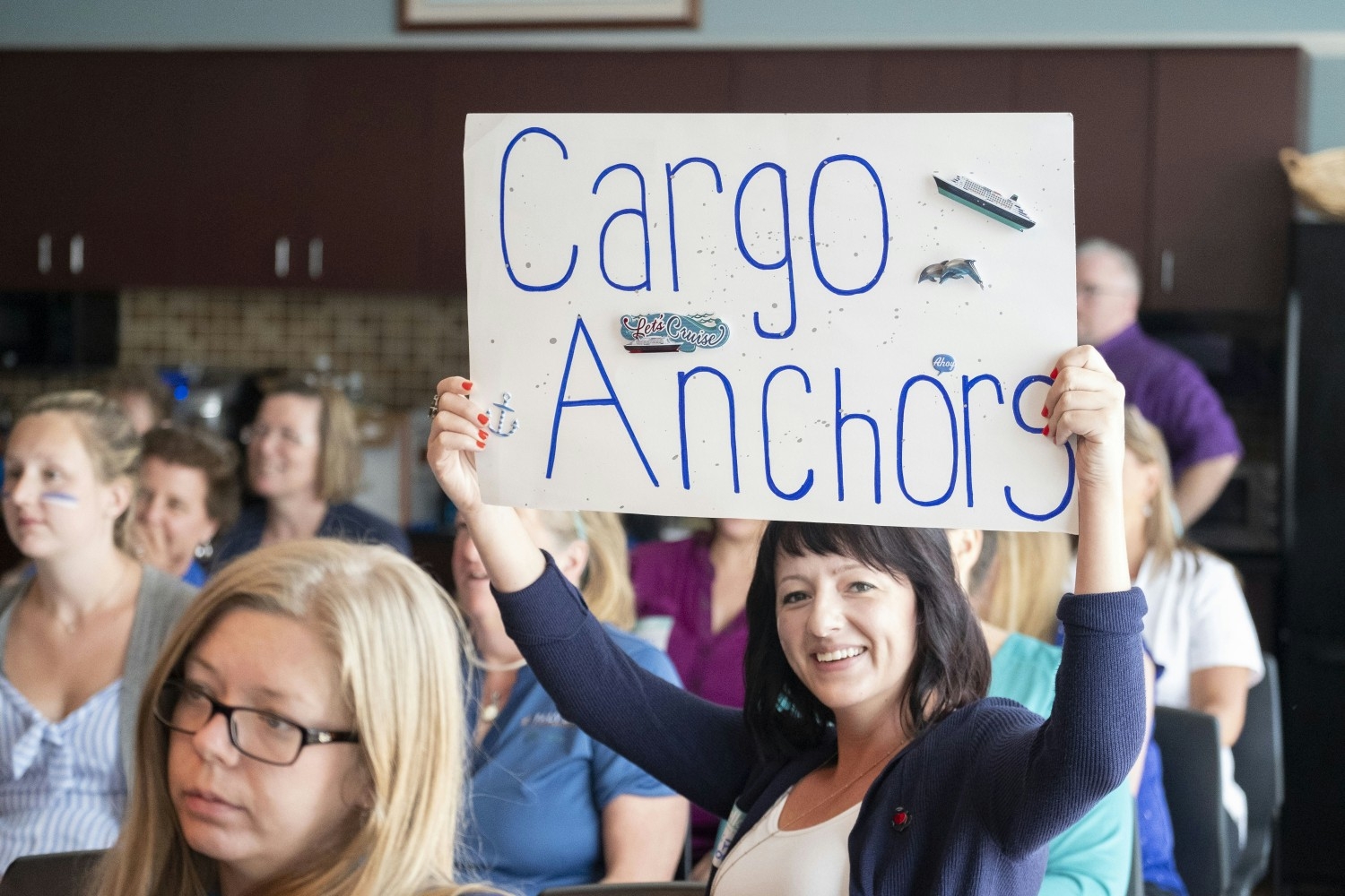 Katie Booth representing team Cargo during a company-themed gameshow.