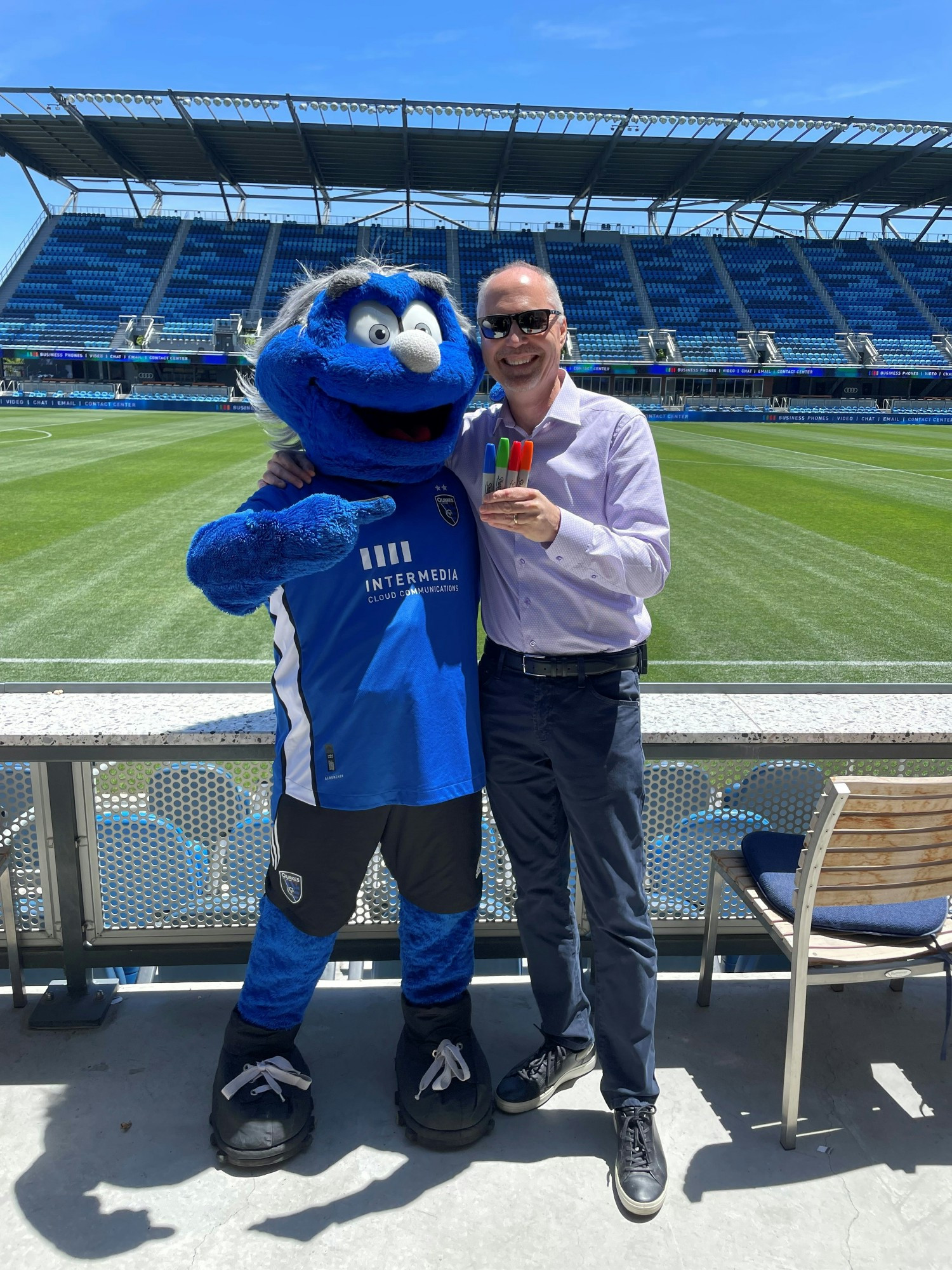 Intermedia never misses the chance to share a smile with the Earthquakes mascot 