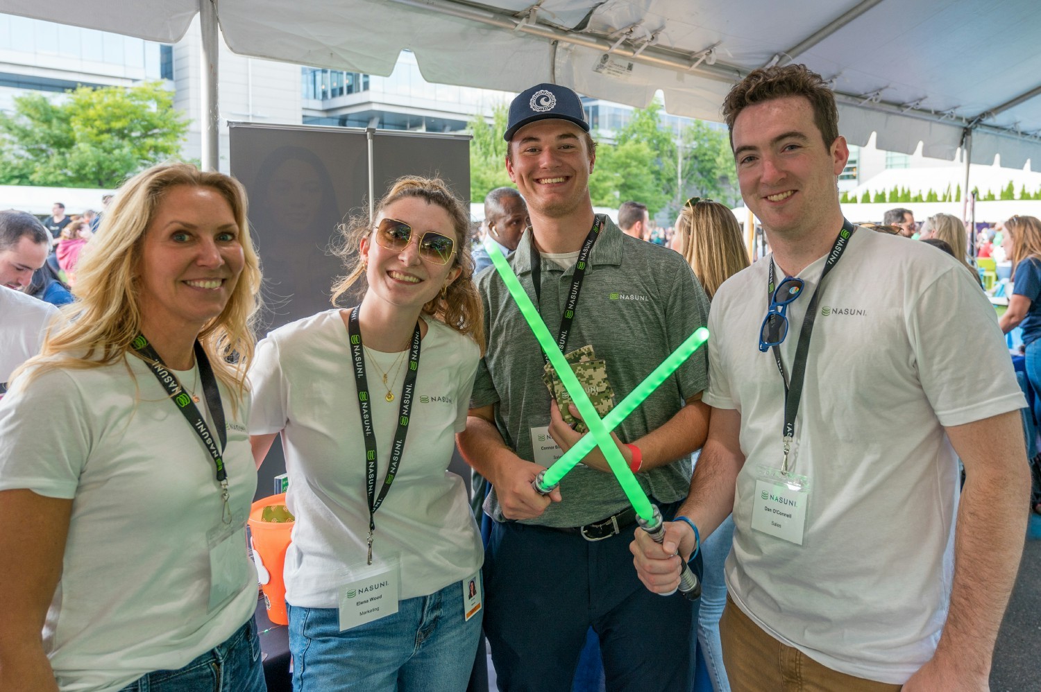 Nasuni employees at a recruitment event in Boston chat with prospective candidates about their experiences.