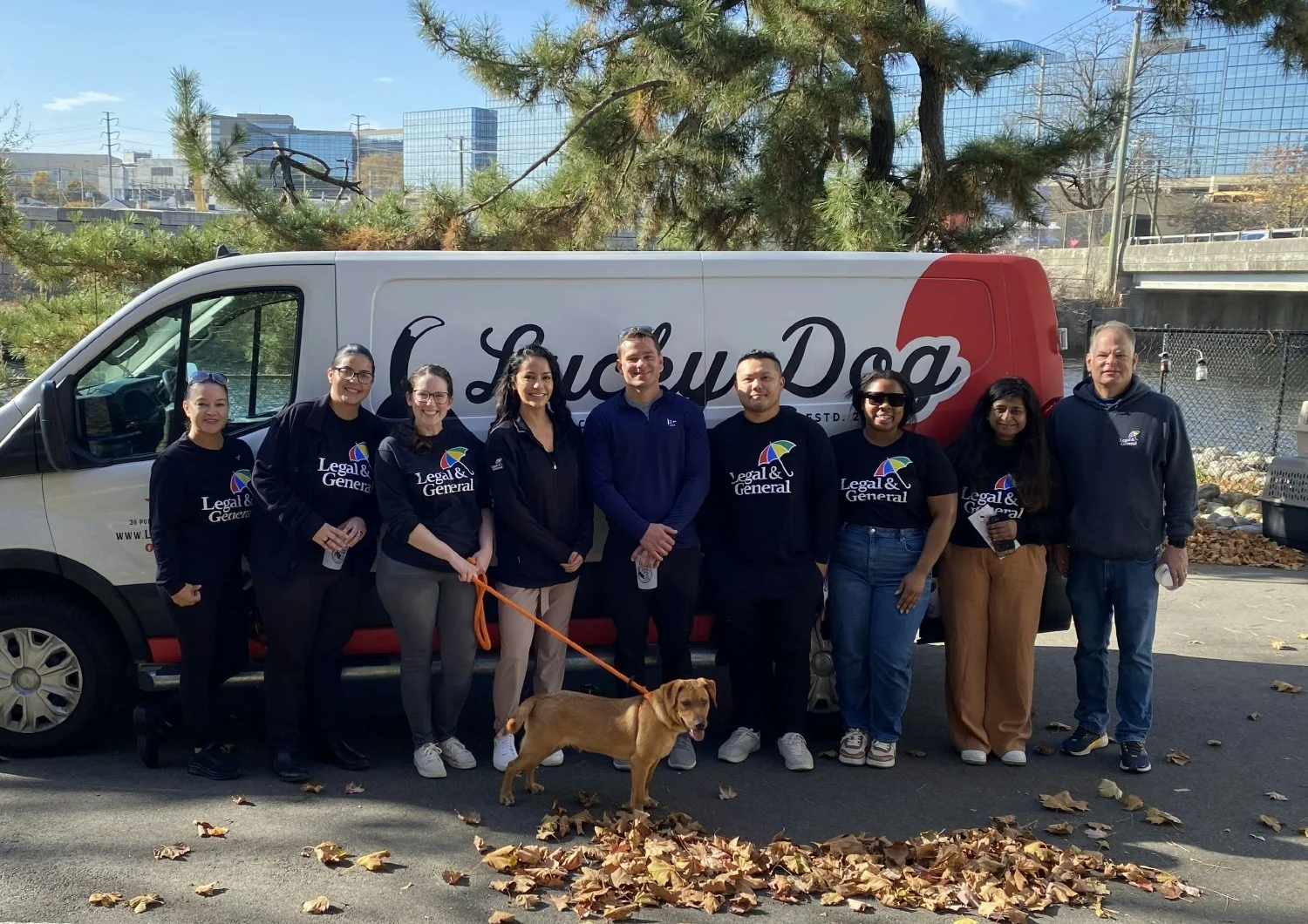 Lucky Dog Volunteer Event - A photo of some team members who volunteered at Lucky Dog to walk their adoptable dogs.