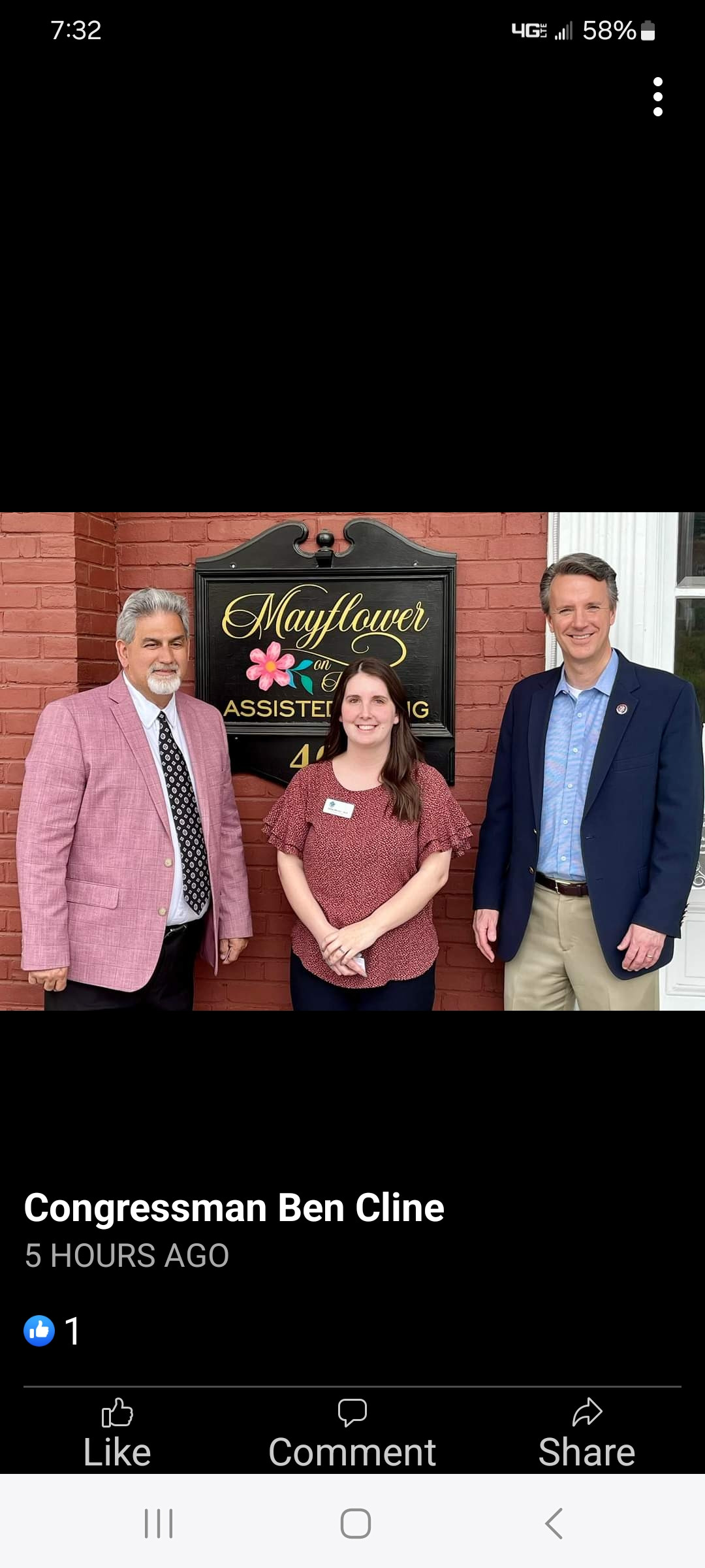 Congressman Ben Cline visits Mayflower on Main Assisted Living Community with Administrator Jenny Nicely and Bill Hurt