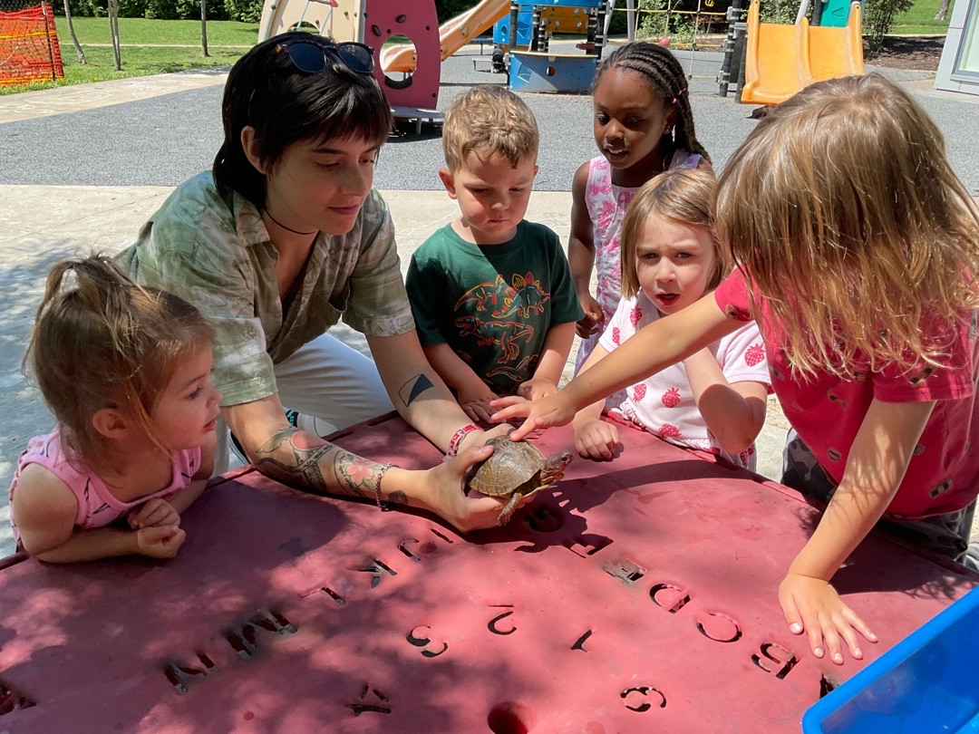 An Assistant Guide shows children how to be gentle with a new turtle friend on the playground. 