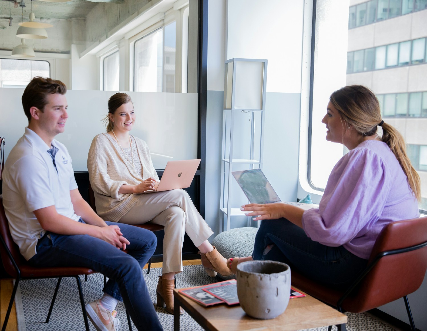 Our operations manager, Victoria, meeting with our two Sales leads.