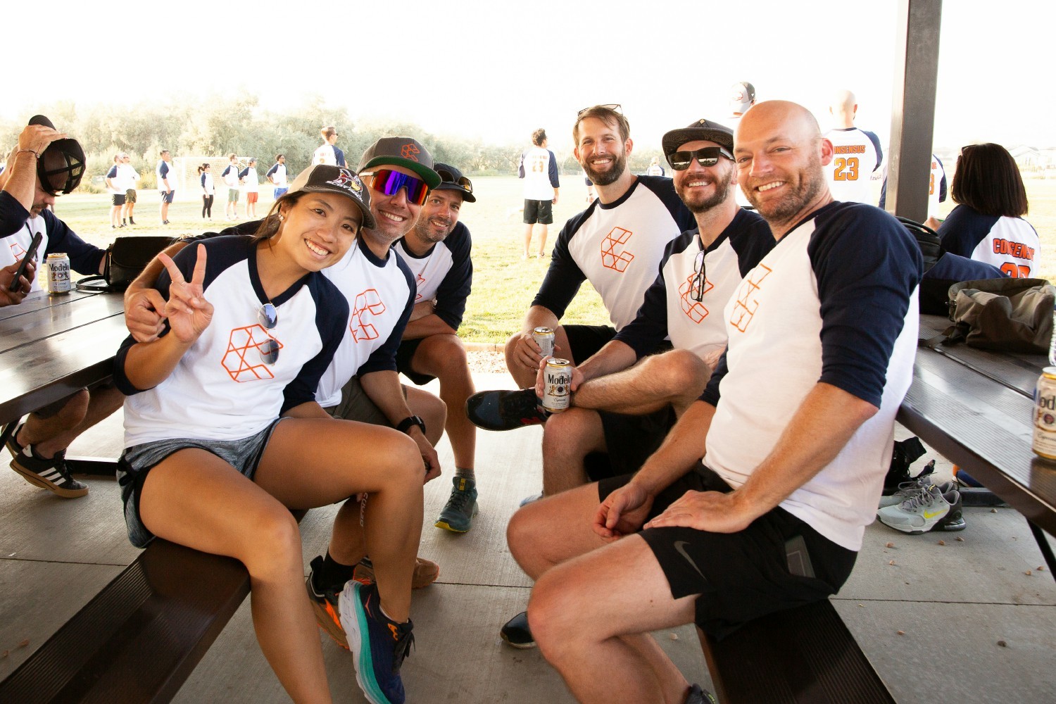 Some of our Engineering and Product team members relaxing between rounds during our Consensus Kickball Tournament.