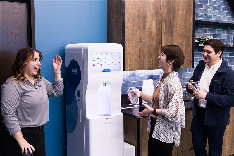 Our lounge features a Bevi for flavored water—just one of many perks that keep our team refreshed, energized and valued.
