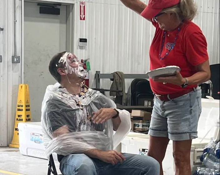 Our CFO giving our COO a pie in the face to support the Gospel Rescue Mission (a local charity)!