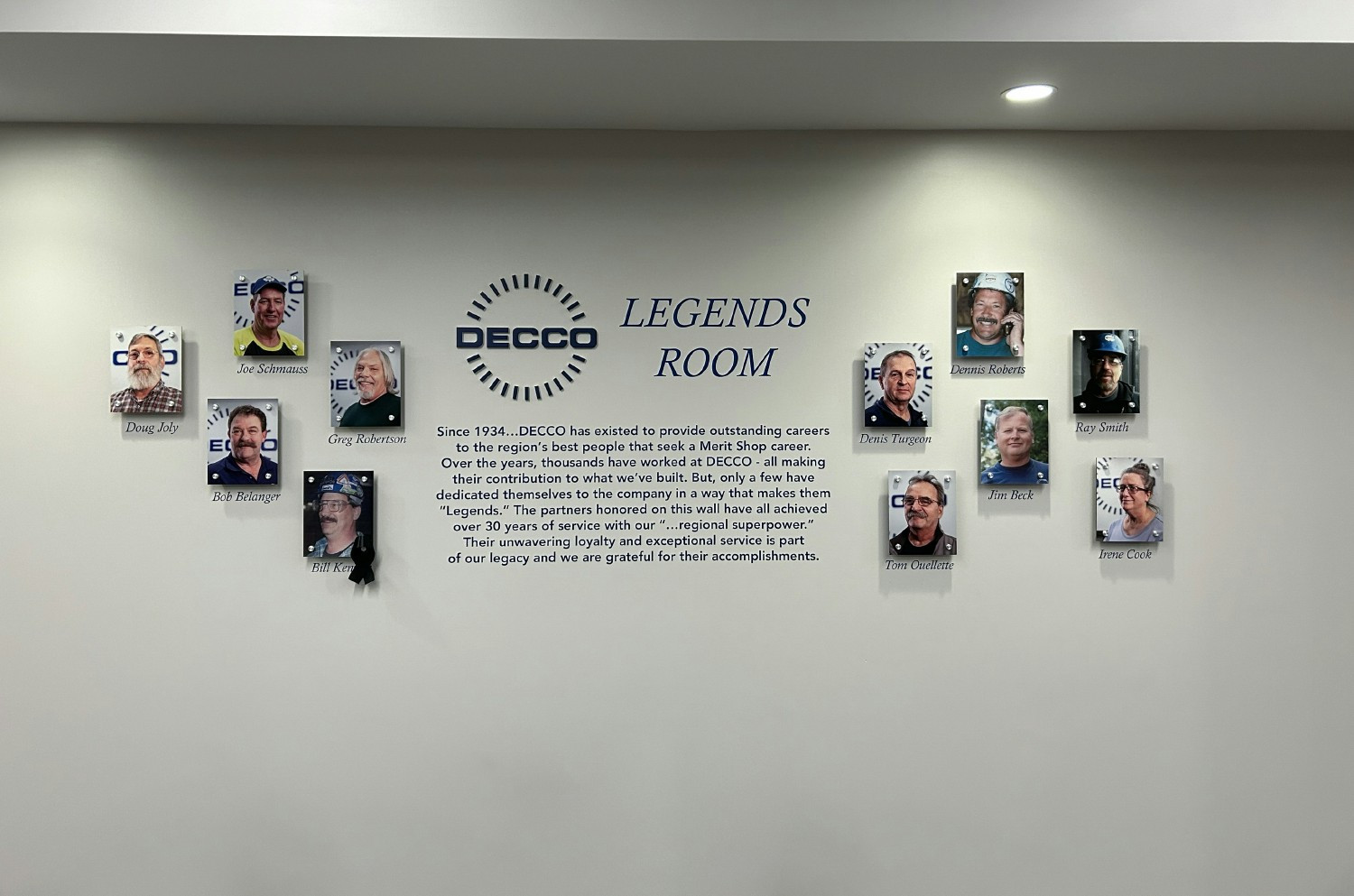 DECCO's Legion Room honoring employee-partners with over 30 years of service.