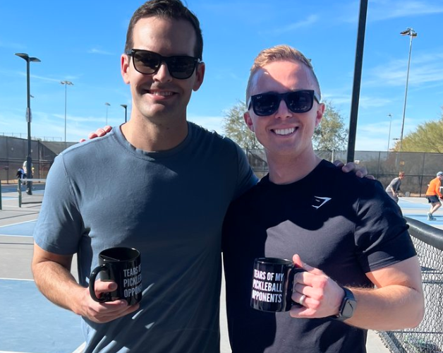 Our General Manager, Bryce Keffeler posing with Advisor, Kolton Quitno at a company pickleball tournament.