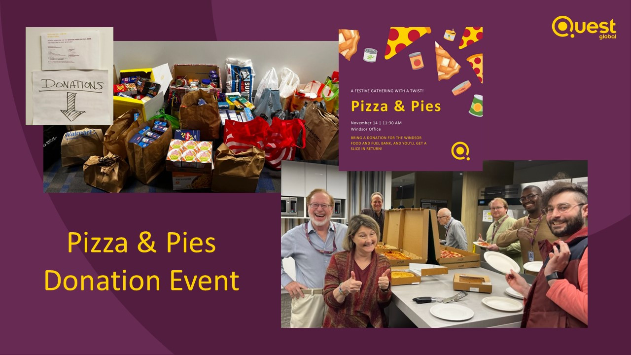 A cheerful crowd of Questians gathered, enjoying delicious slices of pizza and pie