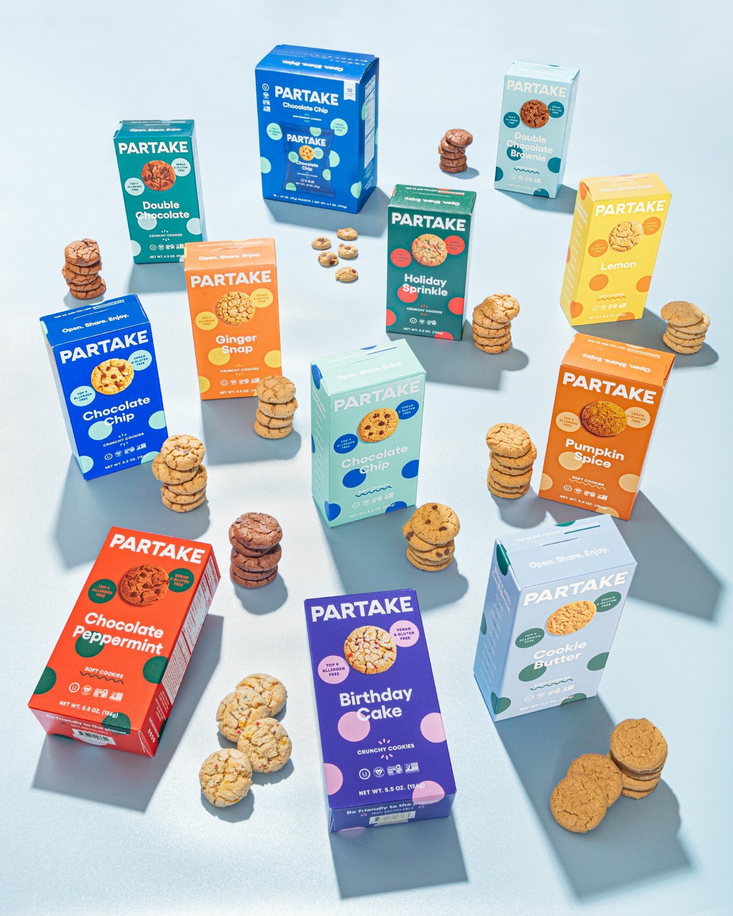 LINE UP OF ALL PARTAKE COOKIE FLAVORS INCLUDING SEASONAL OFFERINGS