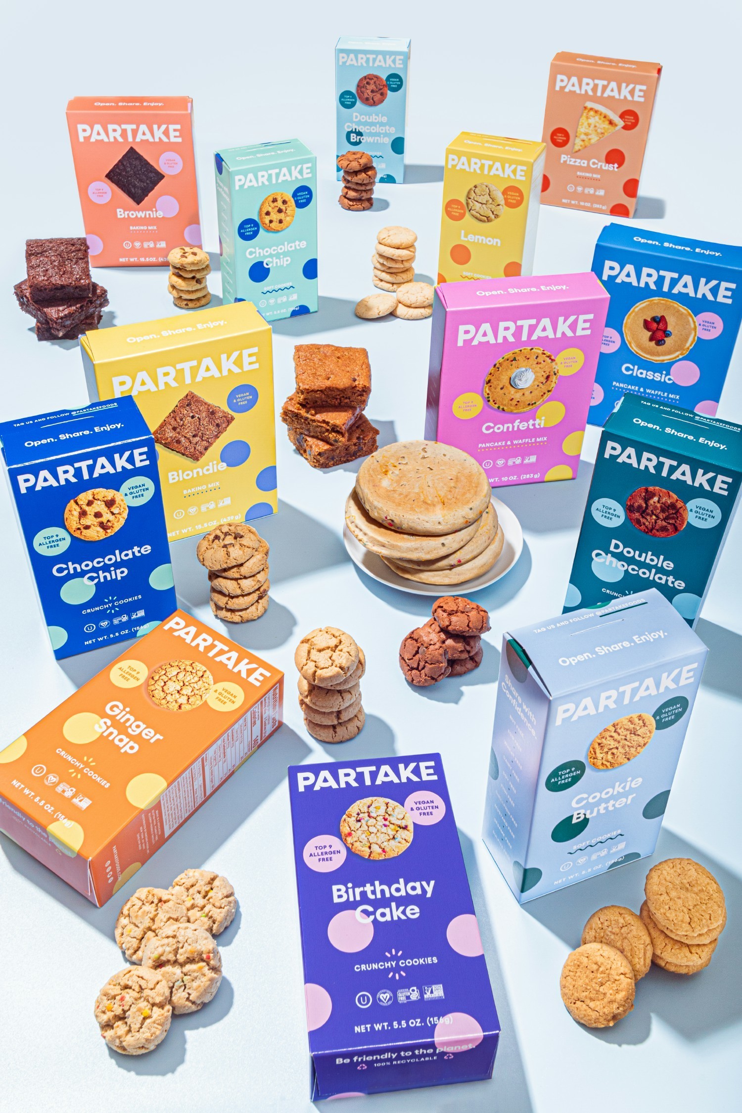 PARTAKE'S LINE OF GLUTEN-FREE, VEGAN, ALLERGY-FRIENDLY, NON-GMO, SANCKS AND BAKING MIXES 