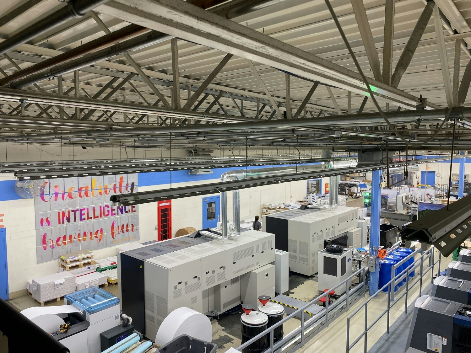 An aerial view of some of the printers in our workshop