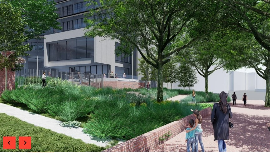 Exterior view of the renovated entrance for the Global Campus (image courtesy of EHDD | LightFiction)