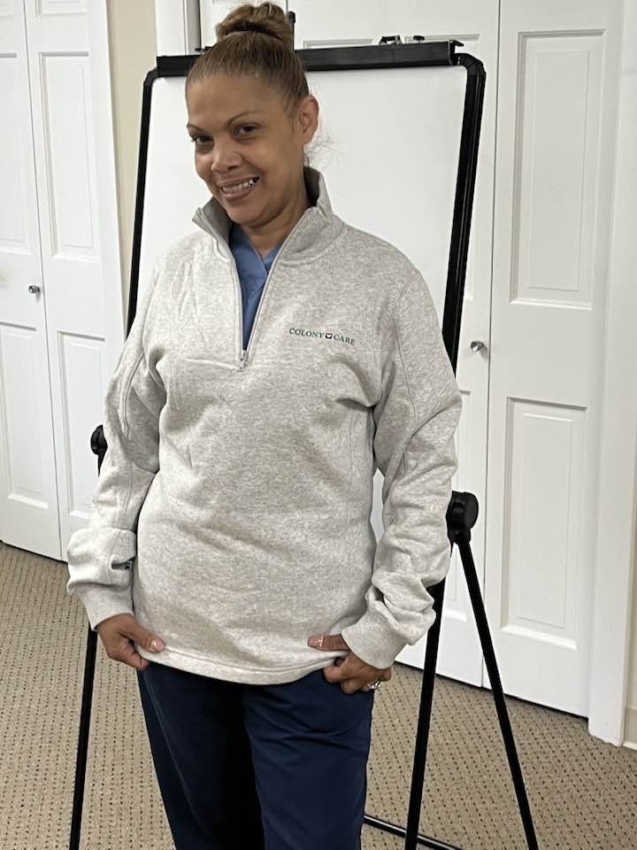 We celebrate our Employees of the Month.  Each employee receives their own Colony Care fleece pullover!