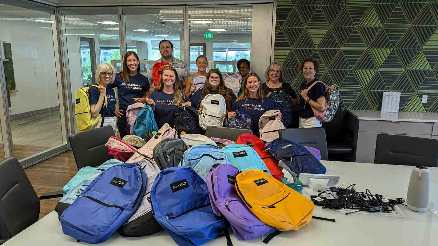 We love to volunteer our time to help our communities! Here are backpacks filled with supplies donated to local schools.