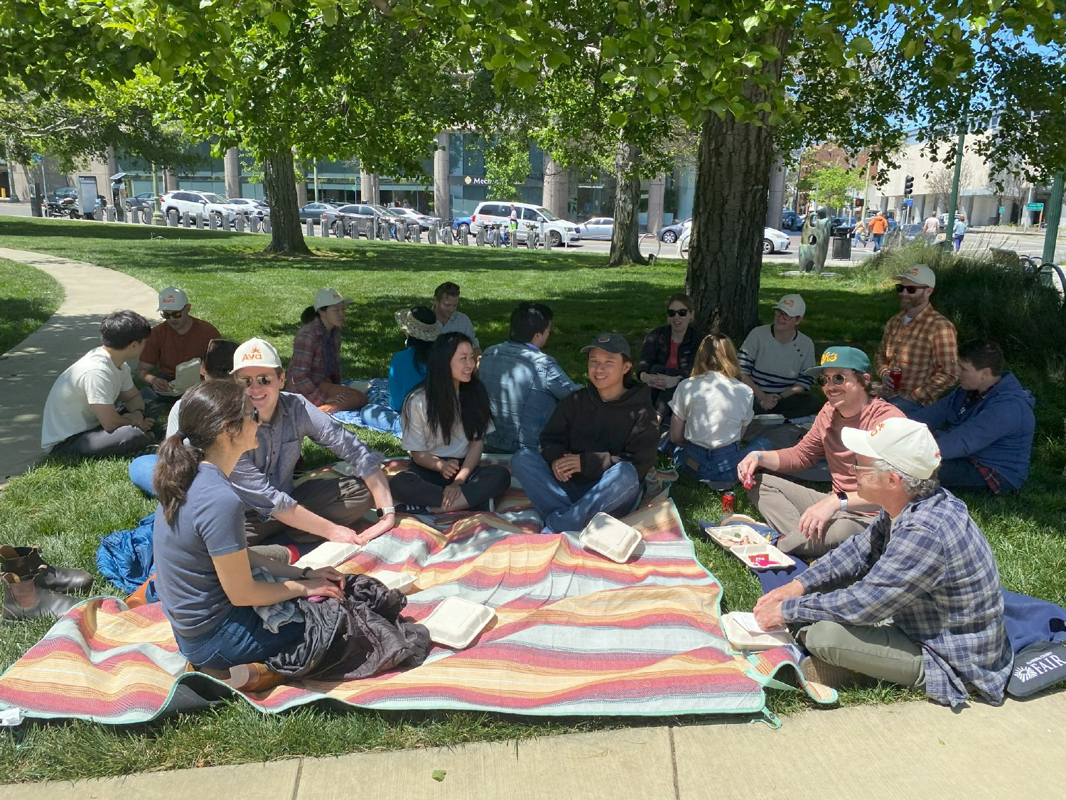 Following a volunteer event, the Ava team enjoying a picnic outdoors near the lake. 