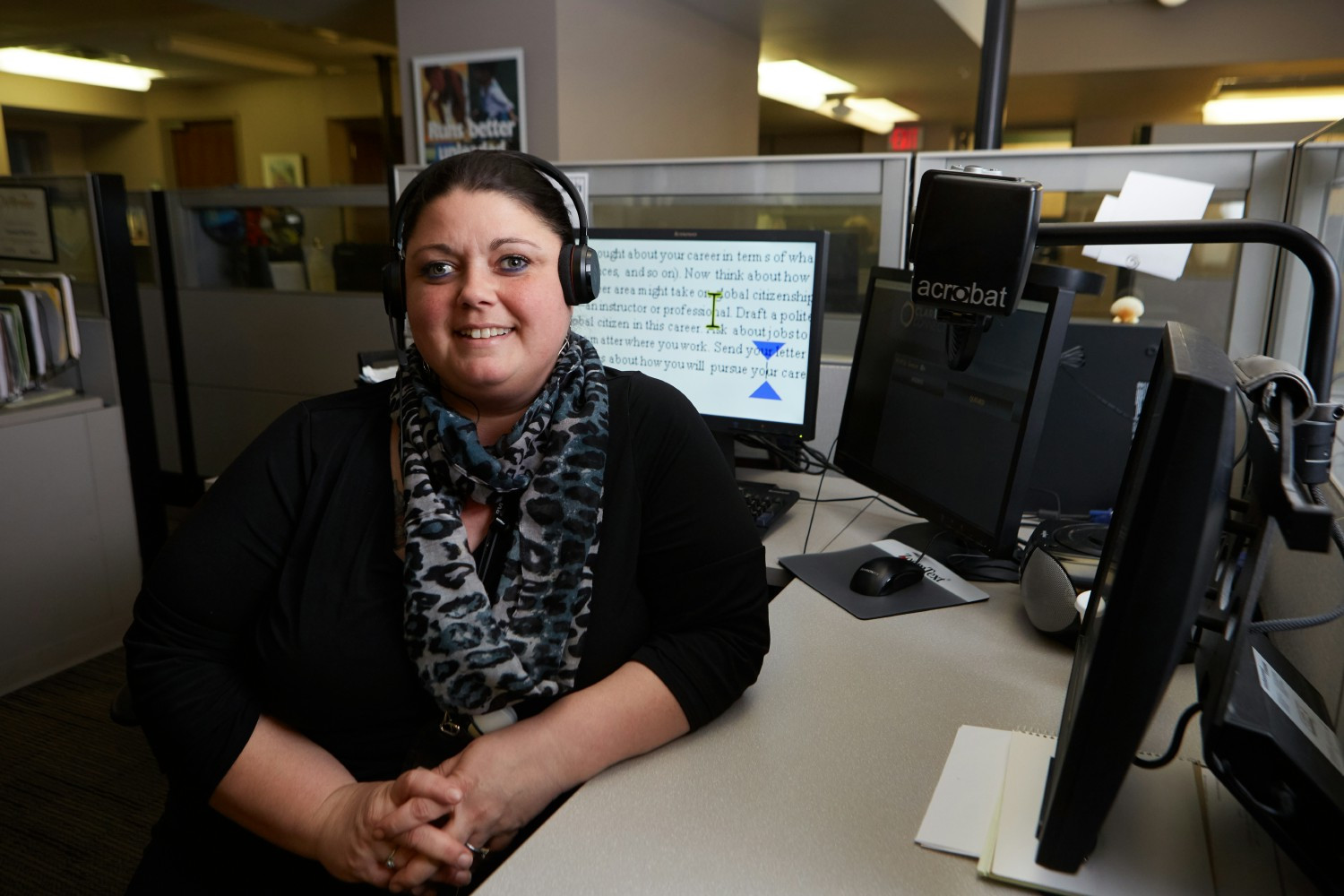 Call center employee with assistive technology.