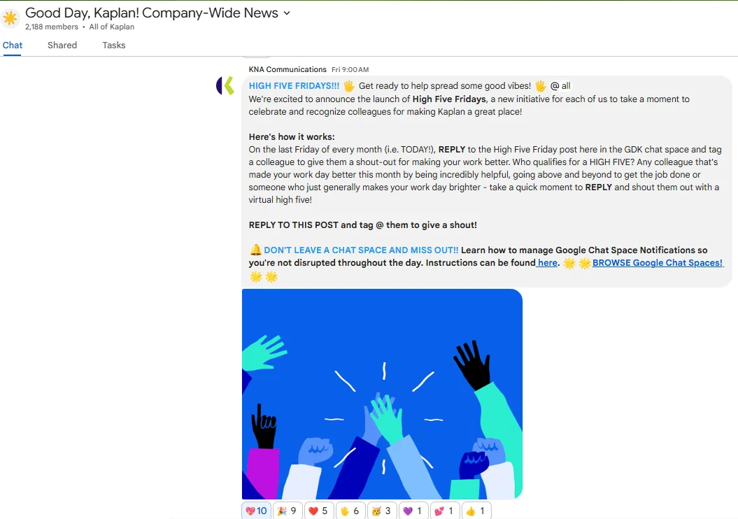 At an employee's suggestion, we started High Five Fridays, where employees can give shout-outs in our chat space. 