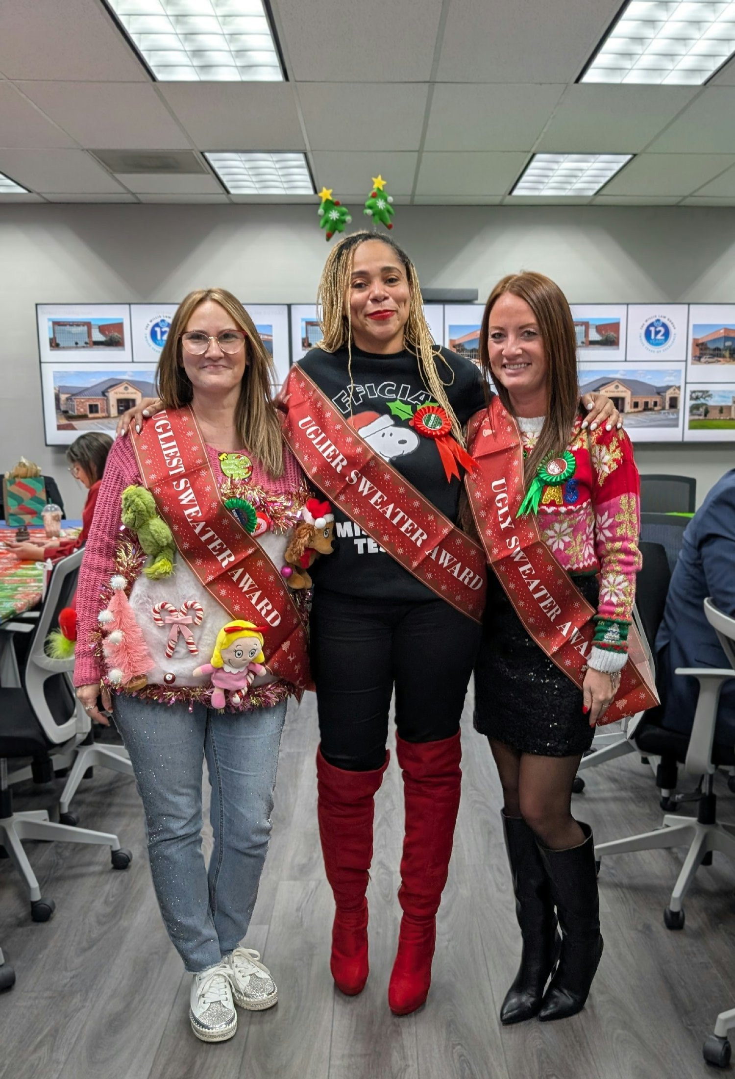 The Willis Law Group 1st, 2nd, and 3rd place Ugly Sweater winners at our corporate office in Garland, TX. 