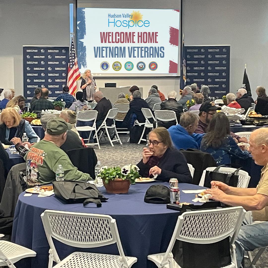 Executive Director of Hudson Valley Hospice Foundation and VP of Marketing Lisa Wilson, addressing a group of Veterans.