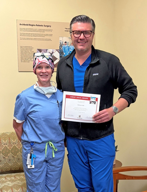 Archbold empowers team members to act quickly; RN Matthew Griffin recognized with a Great Save Award for patient safety.