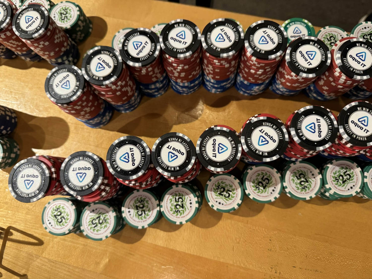 Company branded poker chips that say 