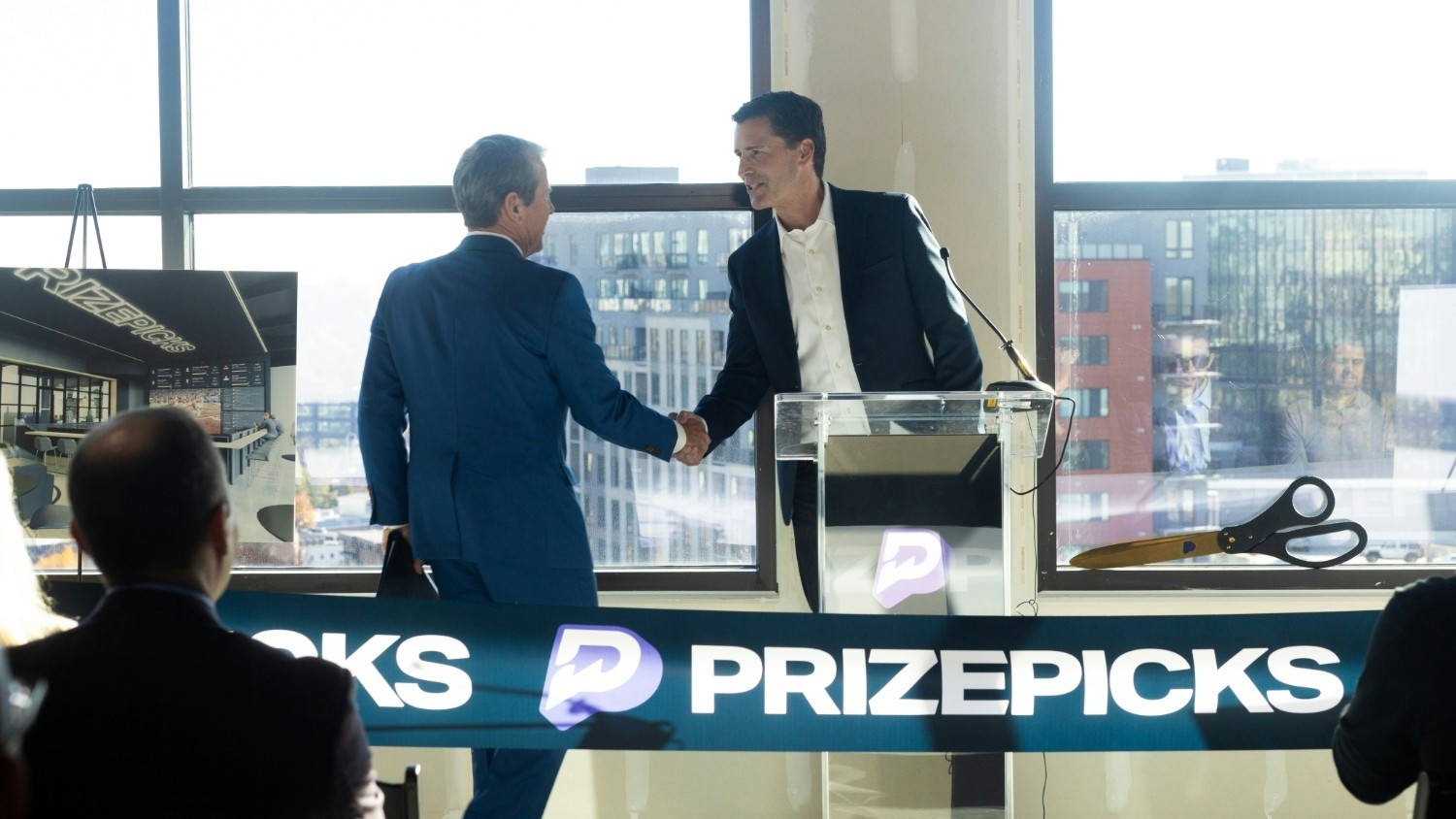 PrizePicks CEO Mike Ybarra and Georgia governor Brian Kemp at PrizePicks' Atlanta HQ ribbon cutting ceremony
