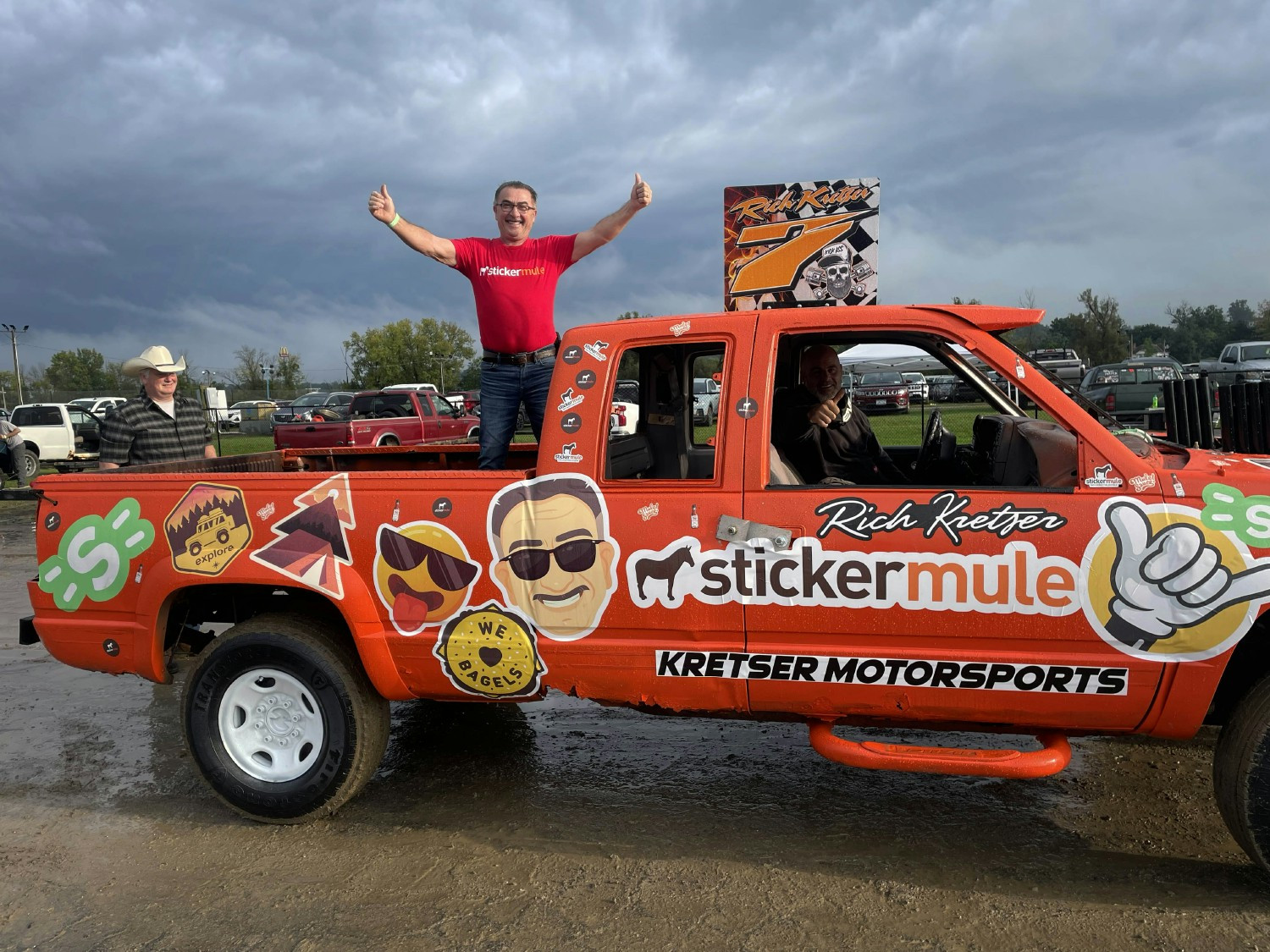 Vinny on a Sticker Mule wrapped demo derby truck at the local fair.