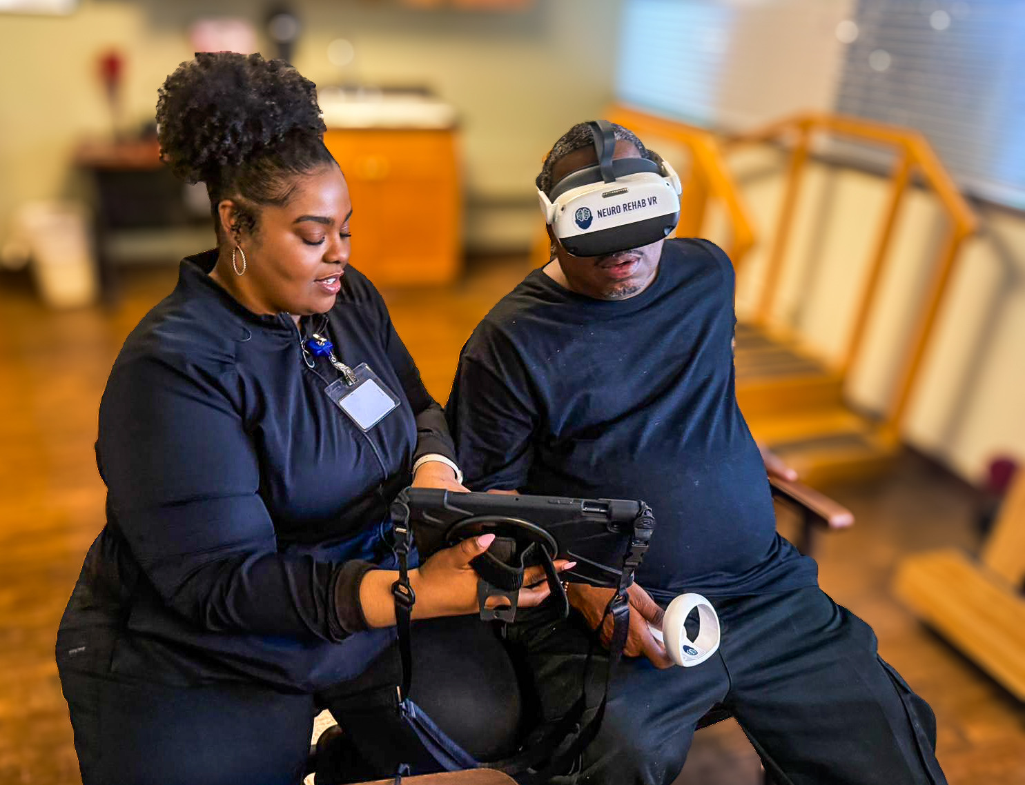 Exploring new frontiers in care, our resident trying out Neuro Rehab VR with help from our great team!