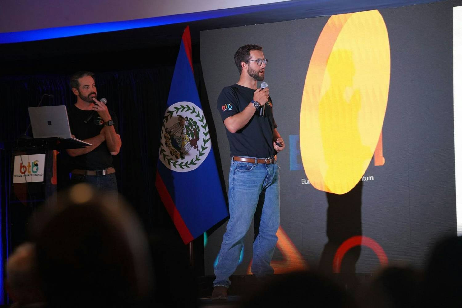 Chief Strategy Officer Oren Fanok speaking about Blue Elephant Media at a client conference in Belize.