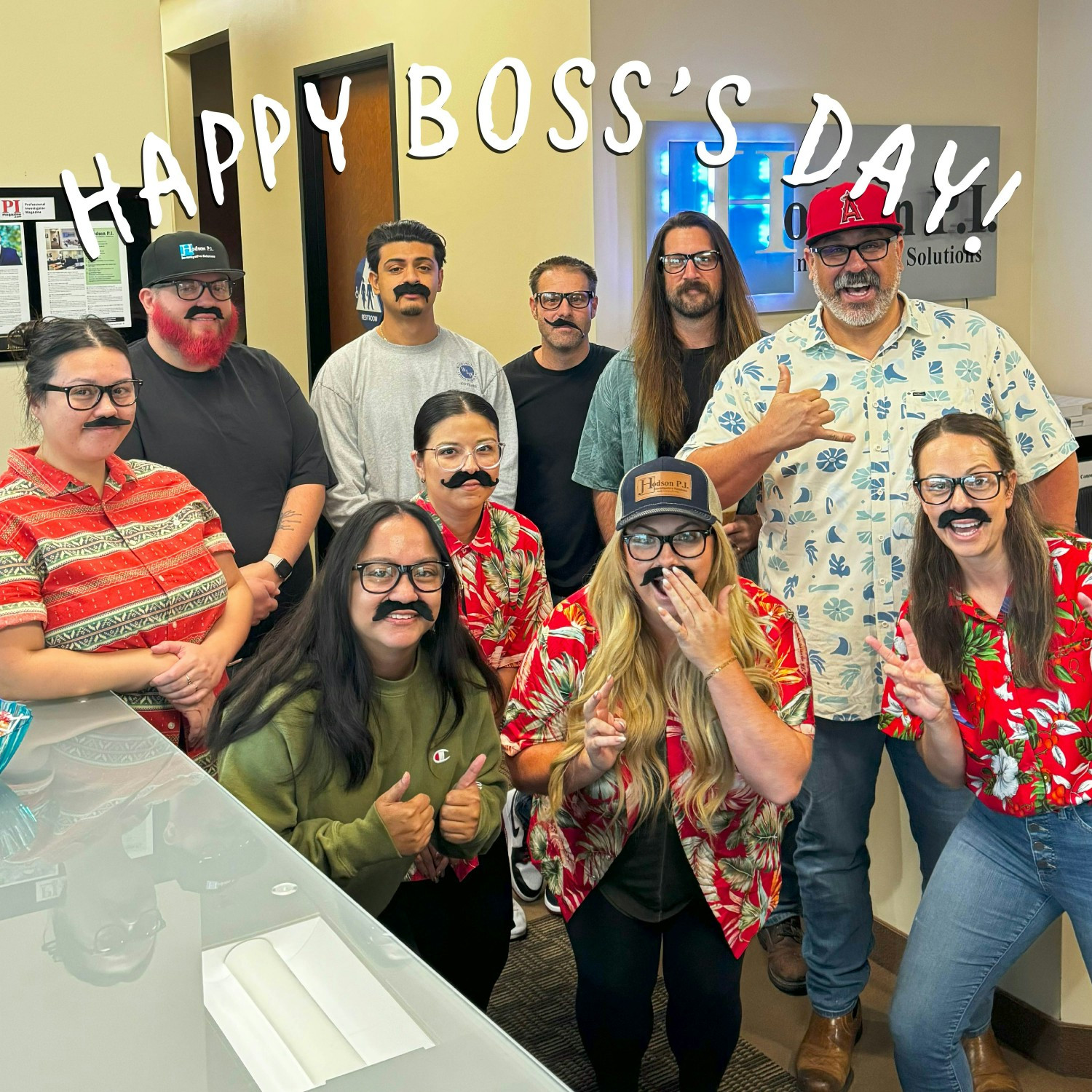 Celebration of Boss Day where employees dressed up like Justin Hodson. it was an employee organized event surprise